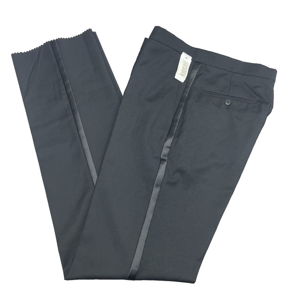 Jos A Bank Traveler Black Tuxedo Pants 32x35 No Hem NWOT 100% Wool Flat Front - Picture 1 of 7